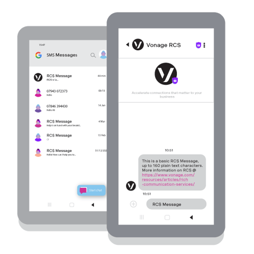 Illustration of two cell phones, one showing an SMS messaging screen, the other showing an RCS messaging screen.